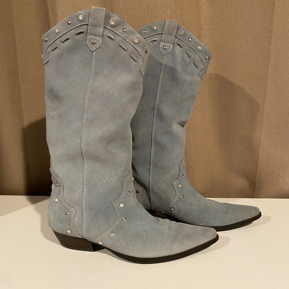 Steve Madden Y2K‎ Light Blue Suede Studded Western Boots - 15" Tall Rodeo Style